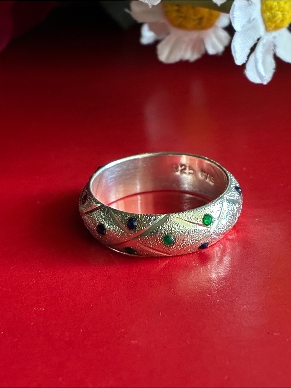 925 Silver Textured Band Ring with Blue and Green Stone Accents - Picture 5 of 9